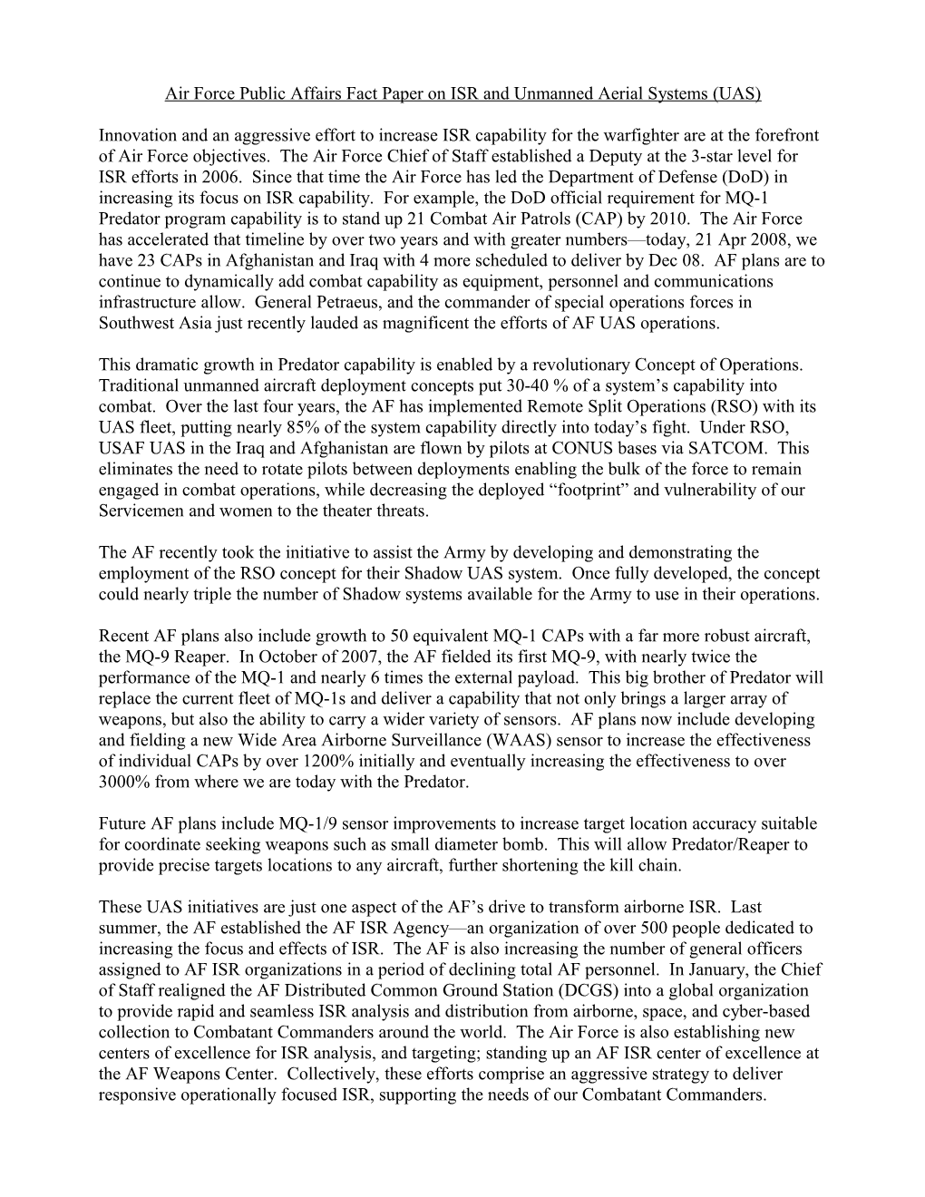 In Jan 2007, the AF Had Already Doubled Its MQ-1 Predator Program Capability from 6 To