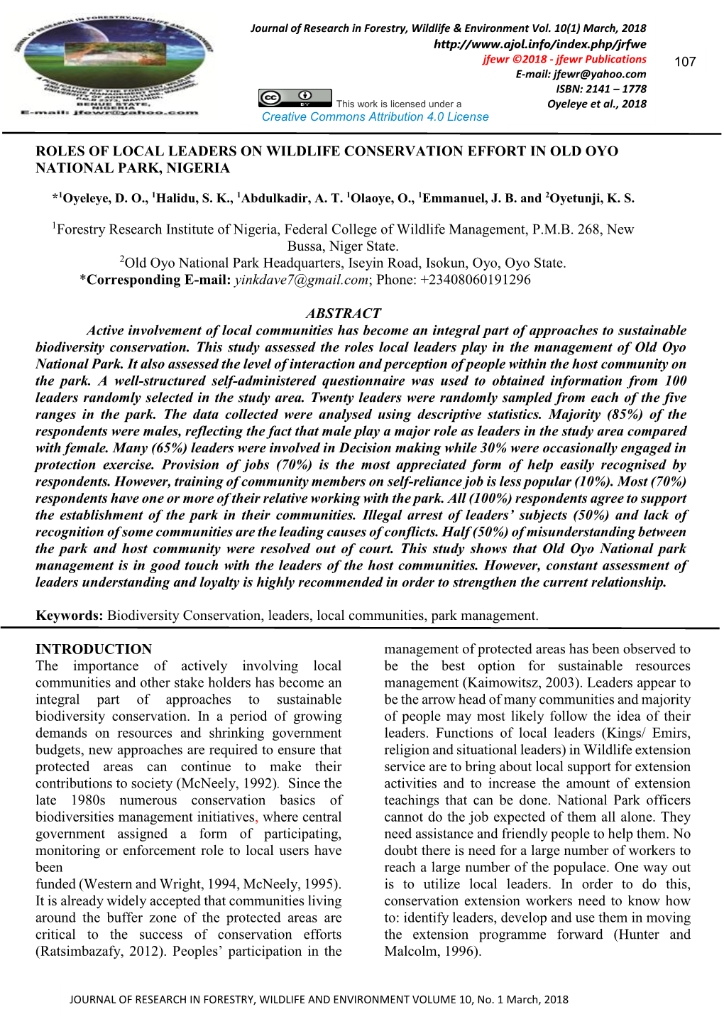 Roles of Local Leaders on Wildlife Conservation Effort in Old Oyo National Park, Nigeria