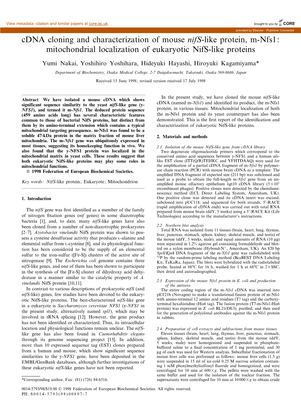 Cdna Cloning and Characterization of Mouse Nifs-Like Protein, M-Nfs1: Mitochondrial Localization of Eukaryotic Nifs-Like Proteins