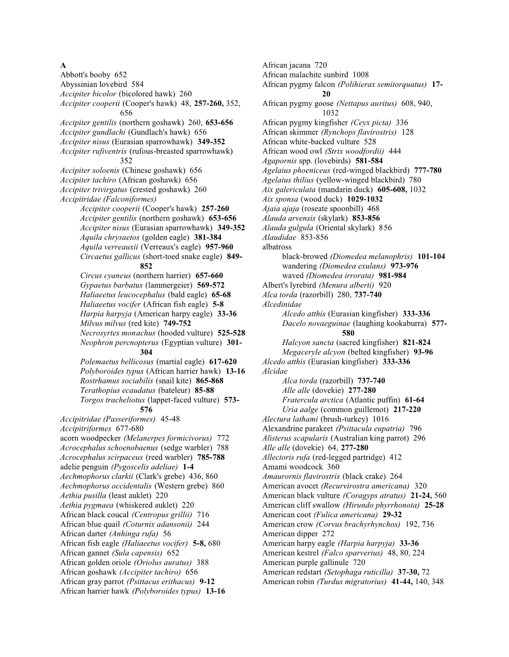 A Abbott's Booby 652 Abyssinian Lovebird 584 Accipiter Bicolor