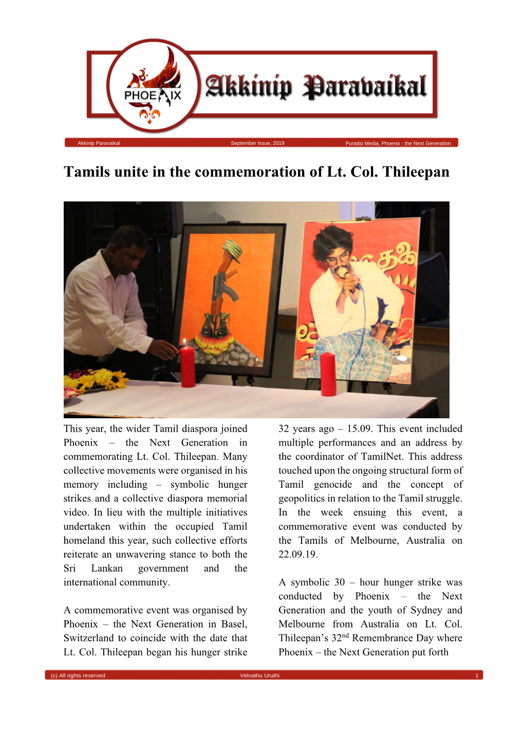 Tamils Unite in the Commemoration of Lt. Col. Thileepan