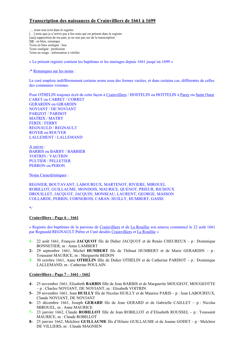 Transcription Des Naissances De Crainvilliers De 1661 À 1699