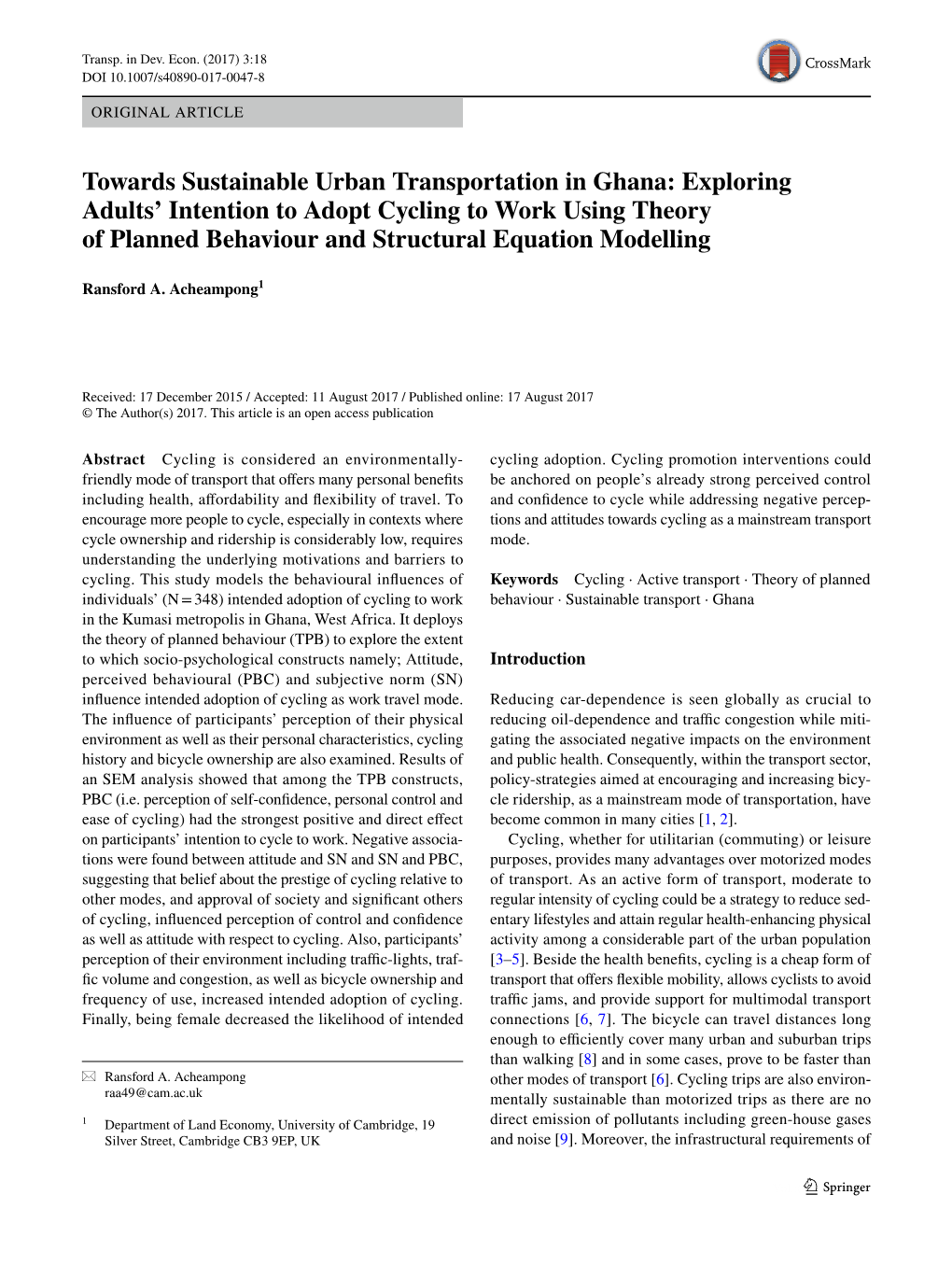 Exploring Adults' Intention to Adopt Cycling to Work Using Theory Of