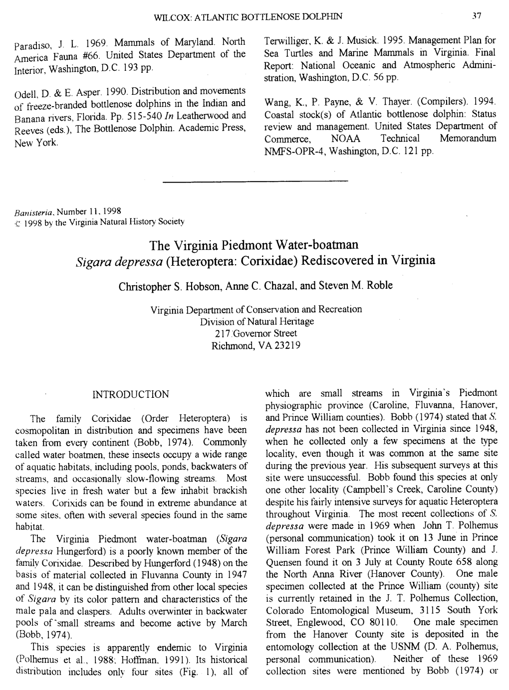 The Virginia Piedmont Water-Boatman Sigara Depressa (Heteroptera: Corixidae) Rediscovered in Virginia