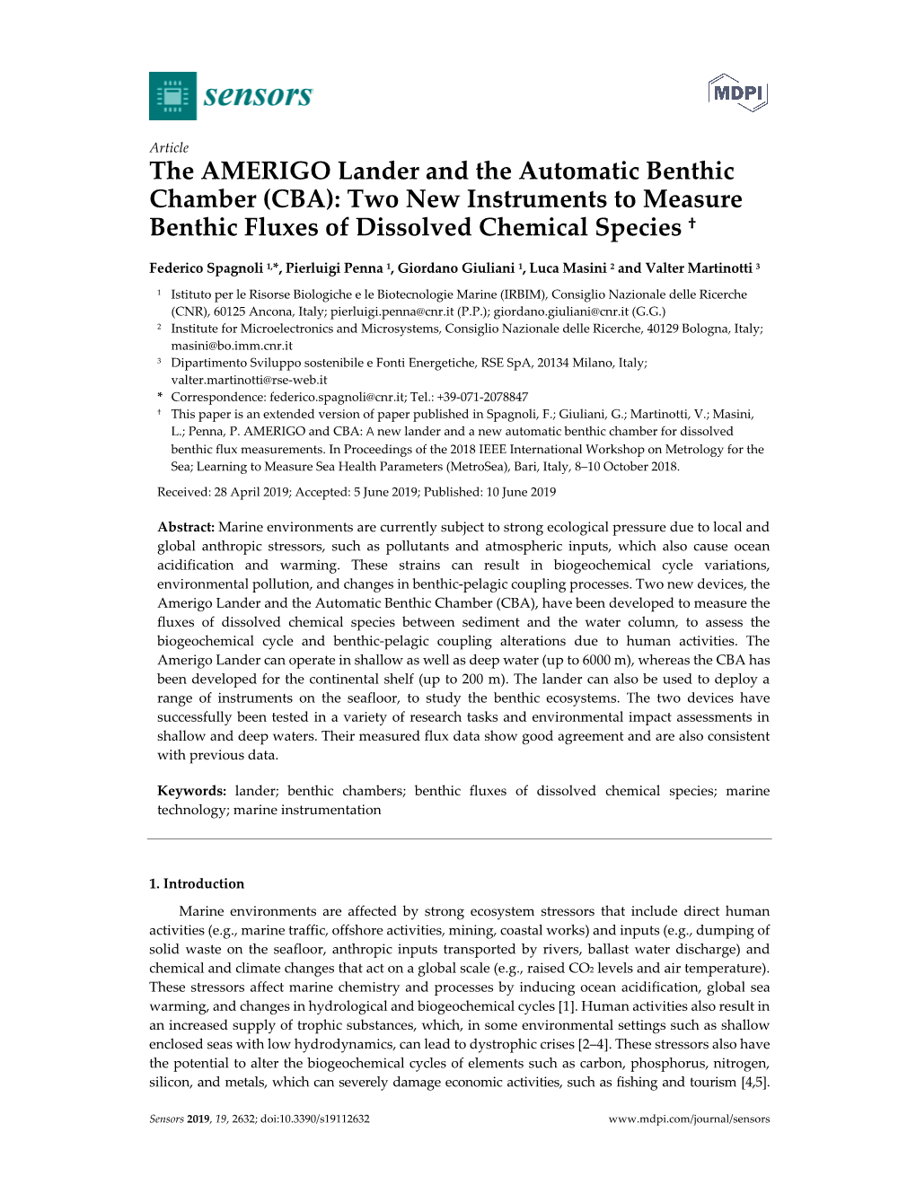 The AMERIGO Lander and the Automatic Benthic Chamber (CBA): Two New Instruments to Measure Benthic Fluxes of Dissolved Chemical Species †