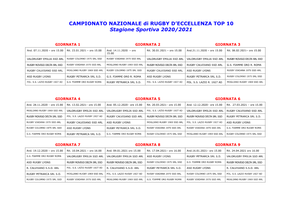 CAMPIONATO NAZIONALE Di RUGBY D'eccellenza TOP 10 Stagione Sportiva 2020/2021