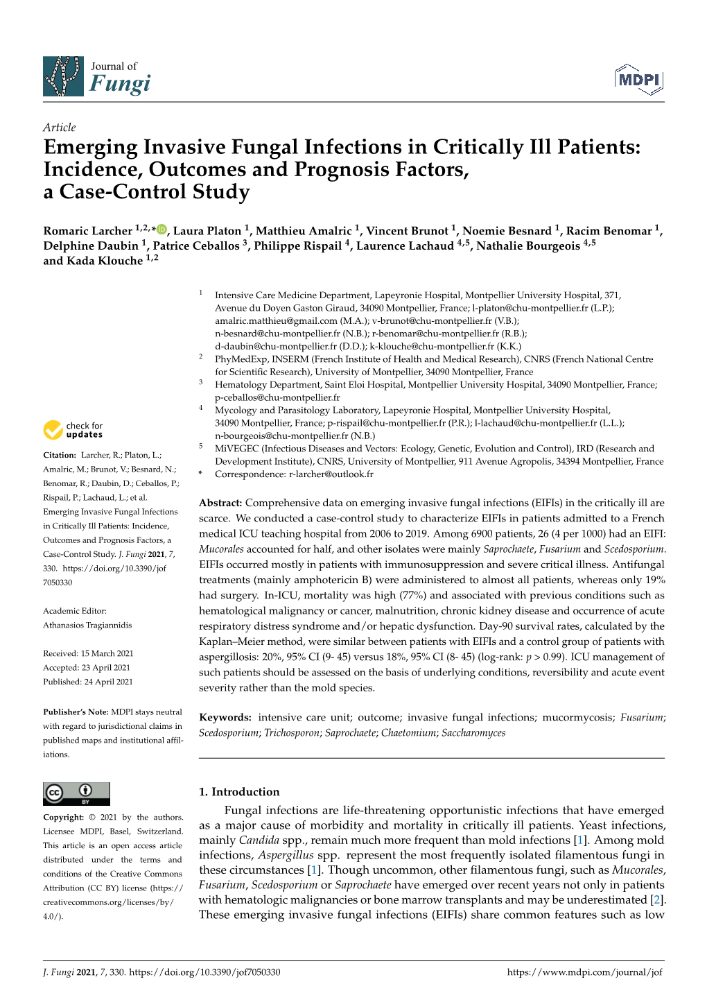 Emerging Invasive Fungal Infections in Critically Ill Patients: Incidence, Outcomes and Prognosis Factors, a Case-Control Study