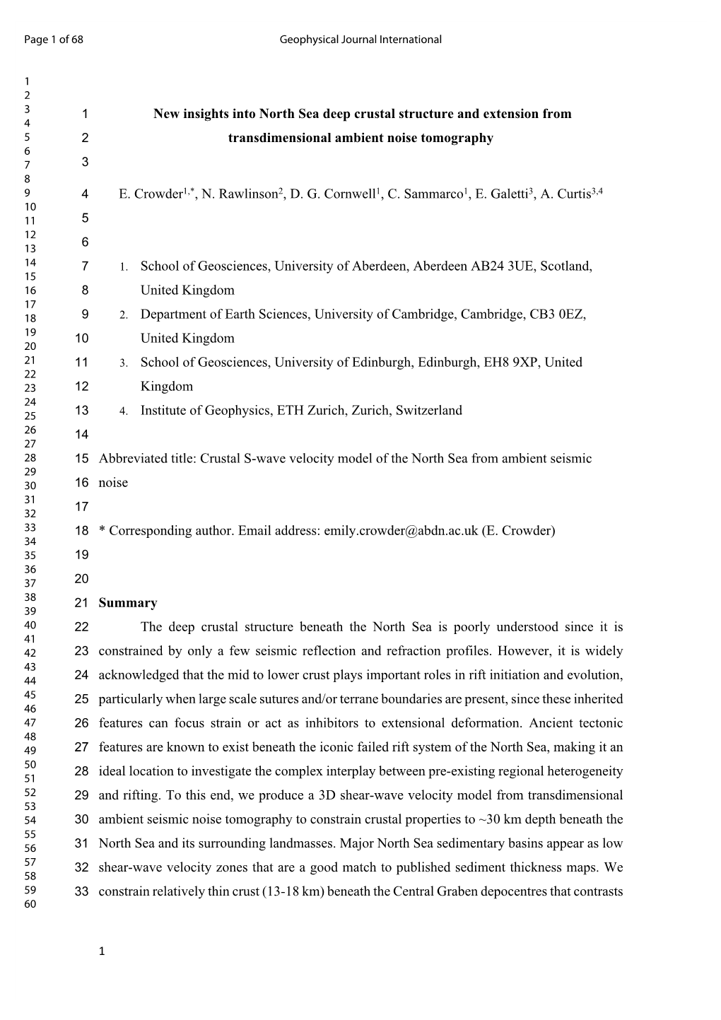 New Insights Into North Sea Deep Crustal Structure and Extension from 4 5 2 Transdimensional Ambient Noise Tomography 6 7 3 8 9 4 E