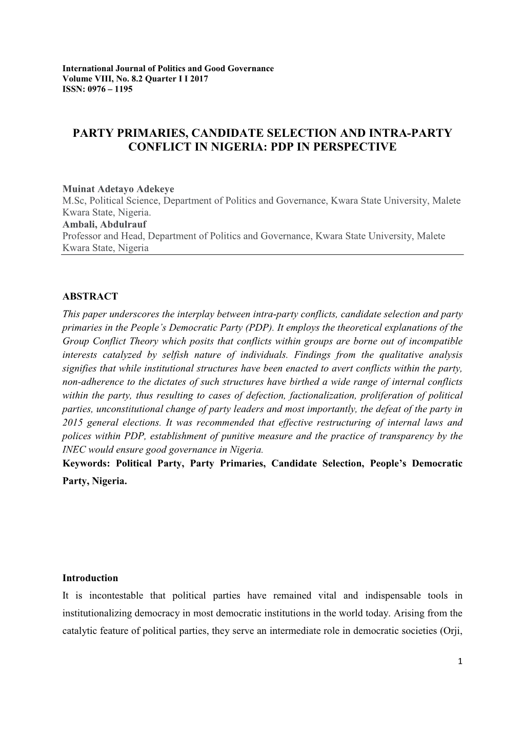 Party Primaries, Candidate Selection and Intra-Party Conflict in Nigeria: Pdp in Perspective