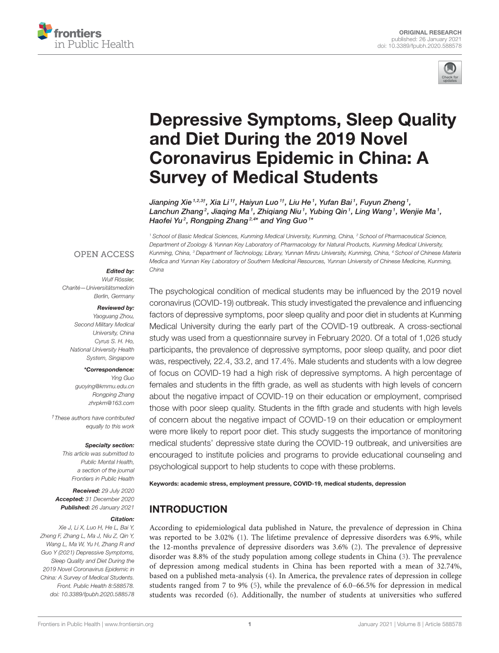 Depressive Symptoms, Sleep Quality and Diet During the 2019 Novel Coronavirus Epidemic in China: a Survey of Medical Students
