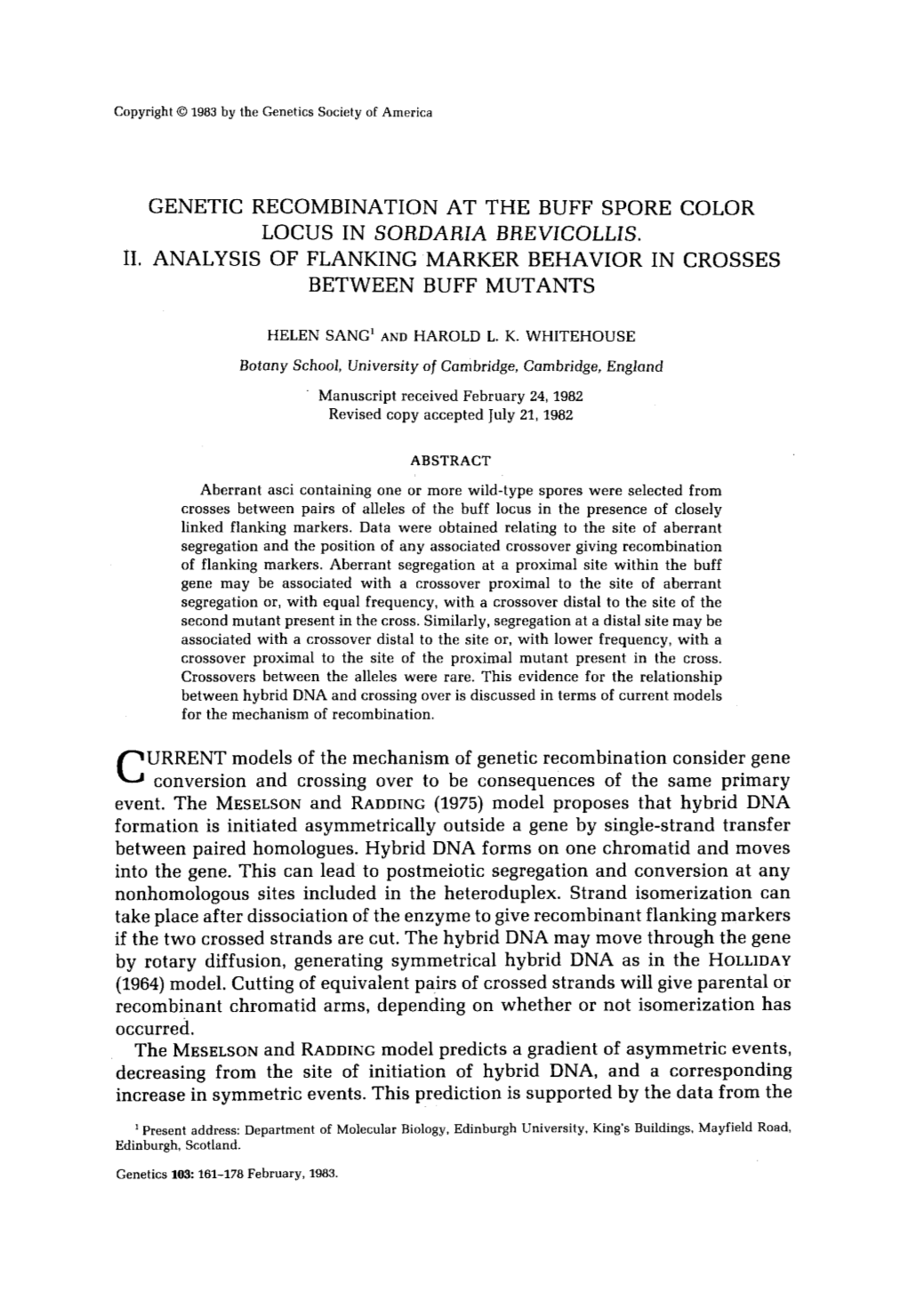 Genetic Recombination at the Buff Spore Color Locus in Sordaria Brevicollis