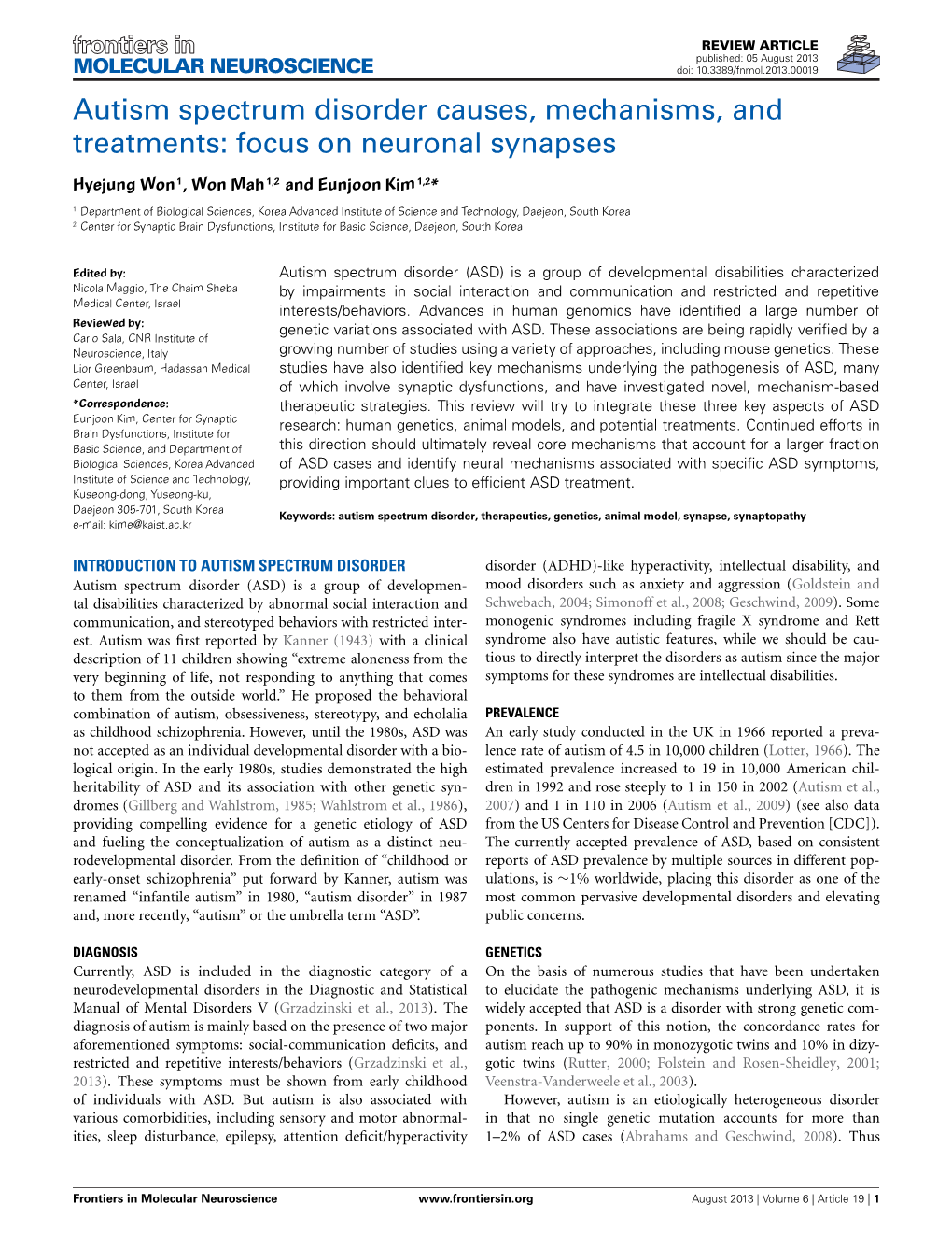 Autism Spectrum Disorder Causes, Mechanisms, and Treatments: Focus on Neuronal Synapses