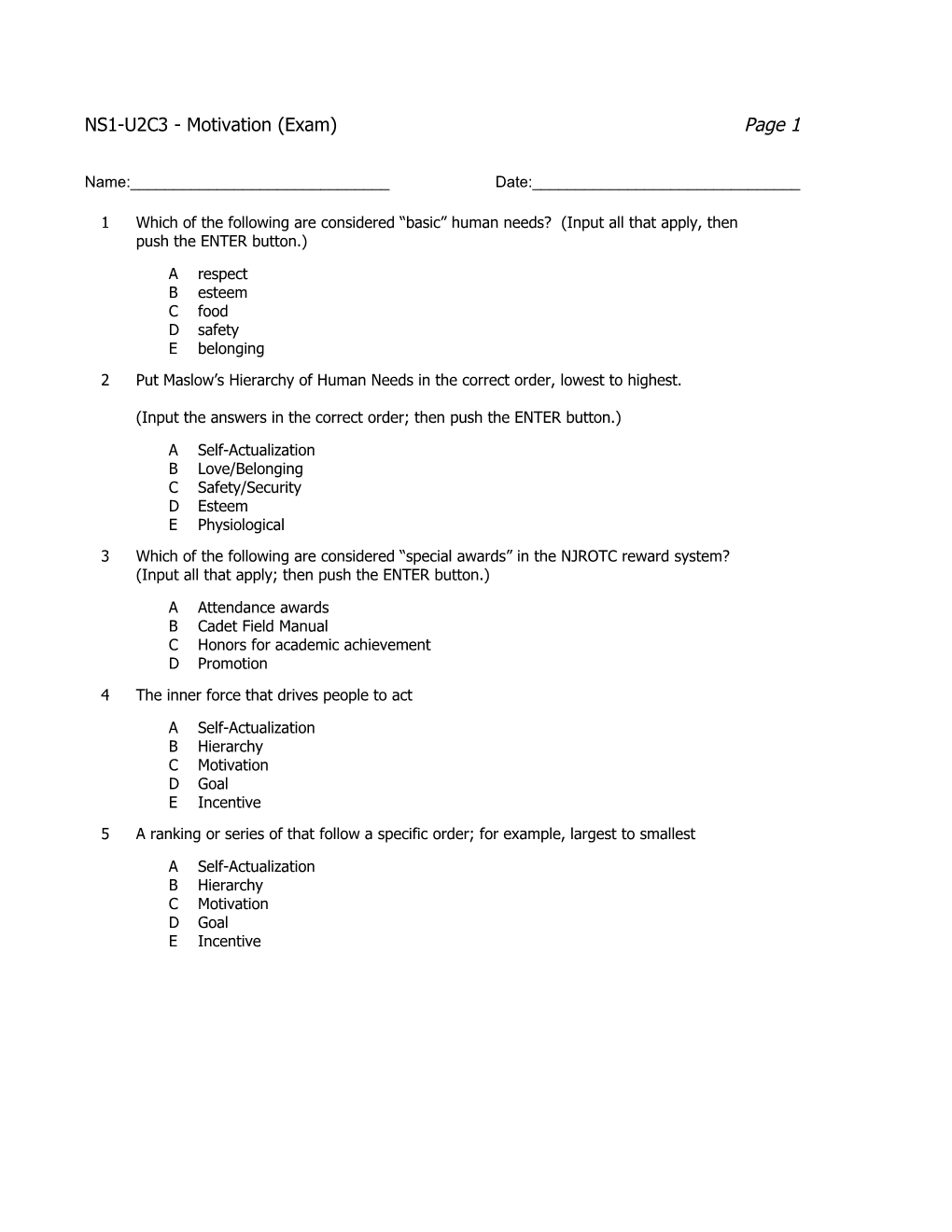 NS1-U2C3 - Motivation (Exam) Page 1