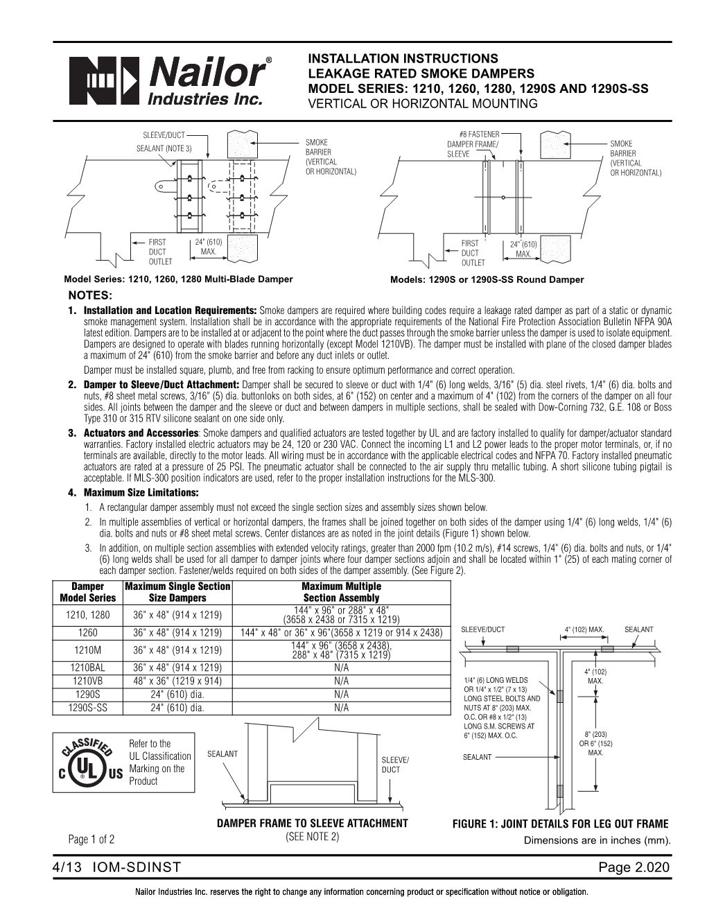 Installation Instructions, Model Series