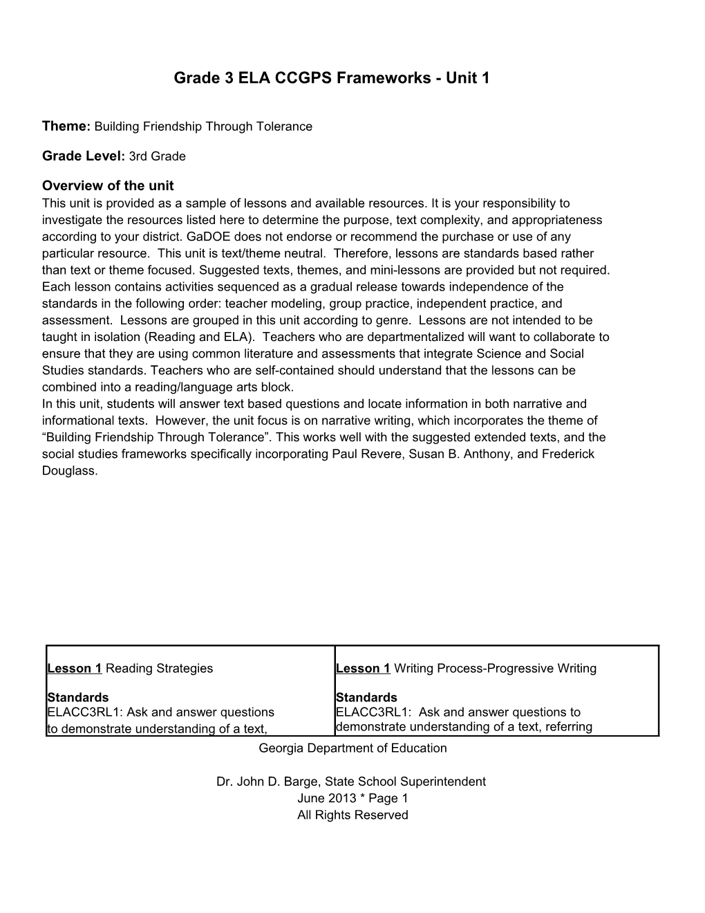 Grade 3 ELA CCGPS Frameworks - Unit 1