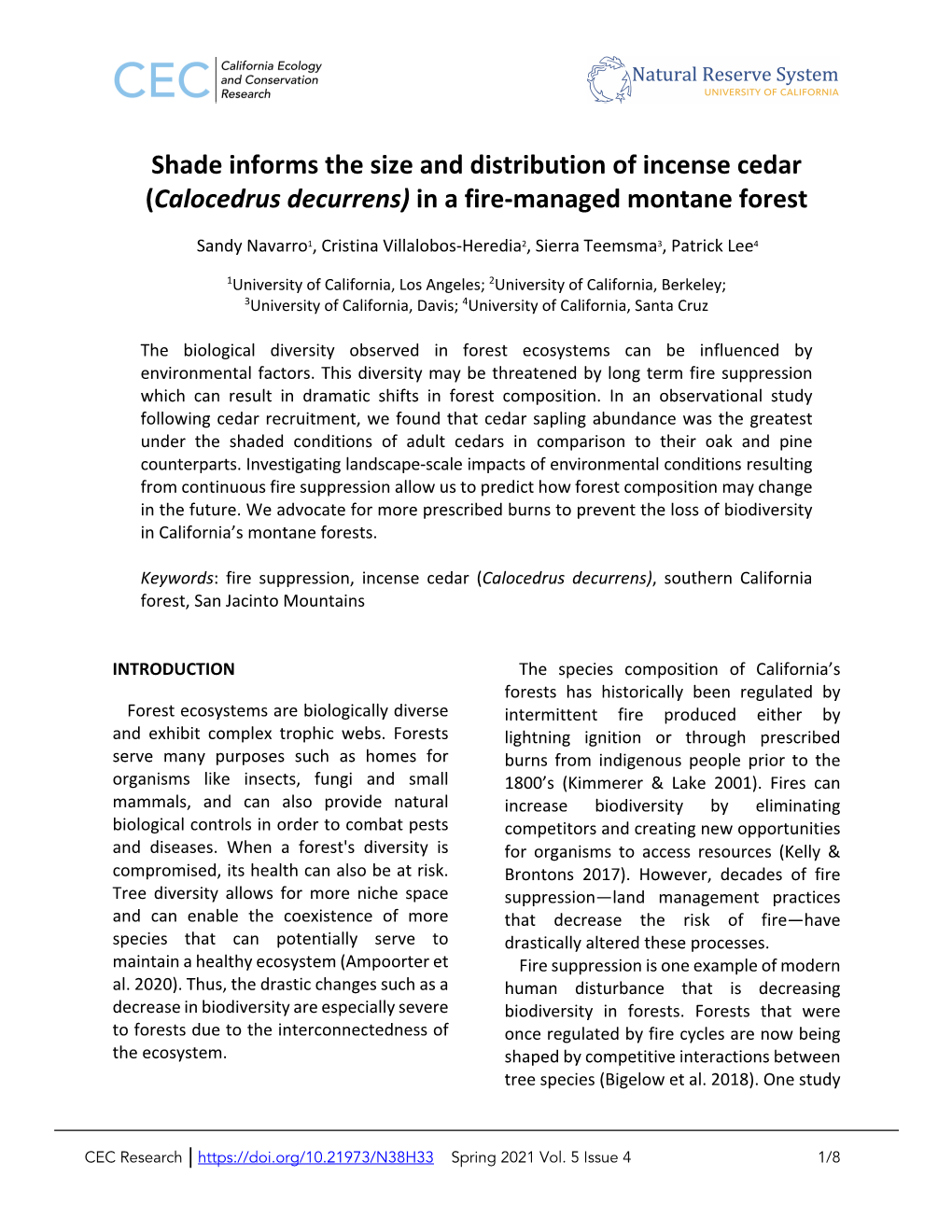 Shade Informs the Size and Distribution of Incense Cedar in A