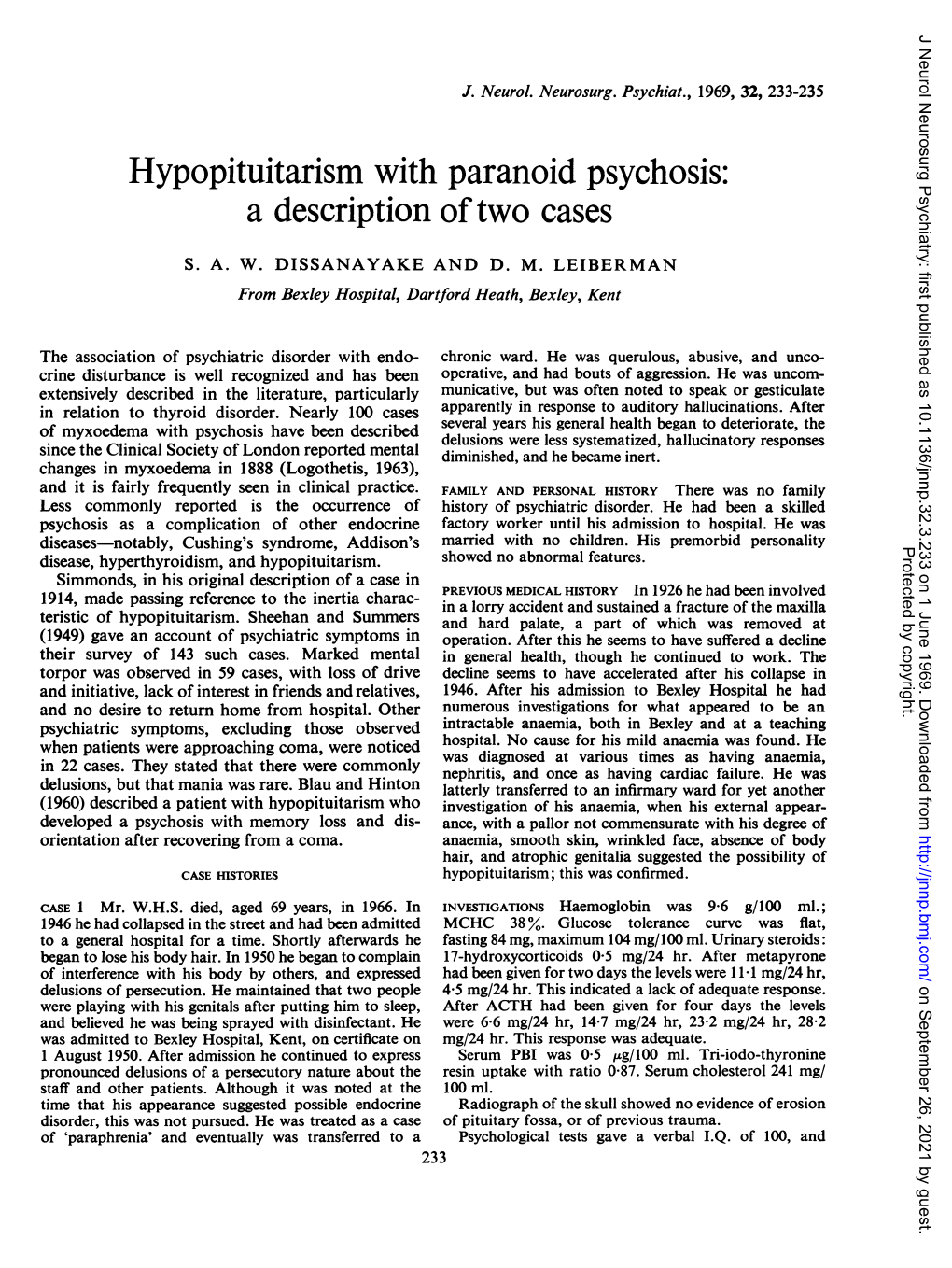 Hypopituitarism with Paranoid Psychosis: a Description Oftwo Cases