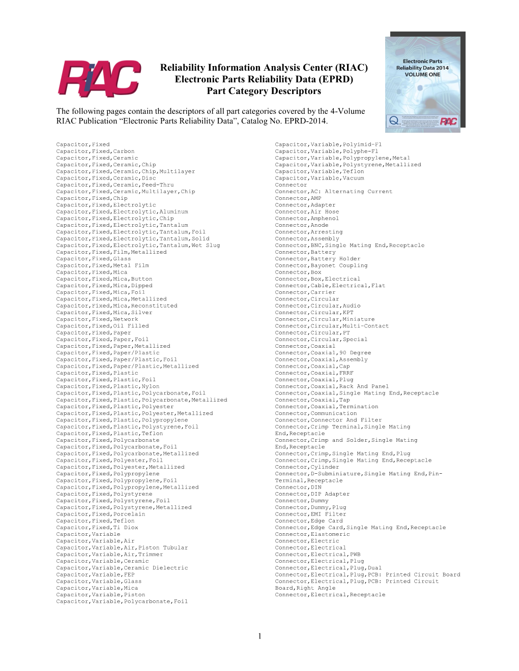 Reliability Information Analysis Center (RIAC) Electronic Parts Reliability Data (EPRD) Part Category Descriptors