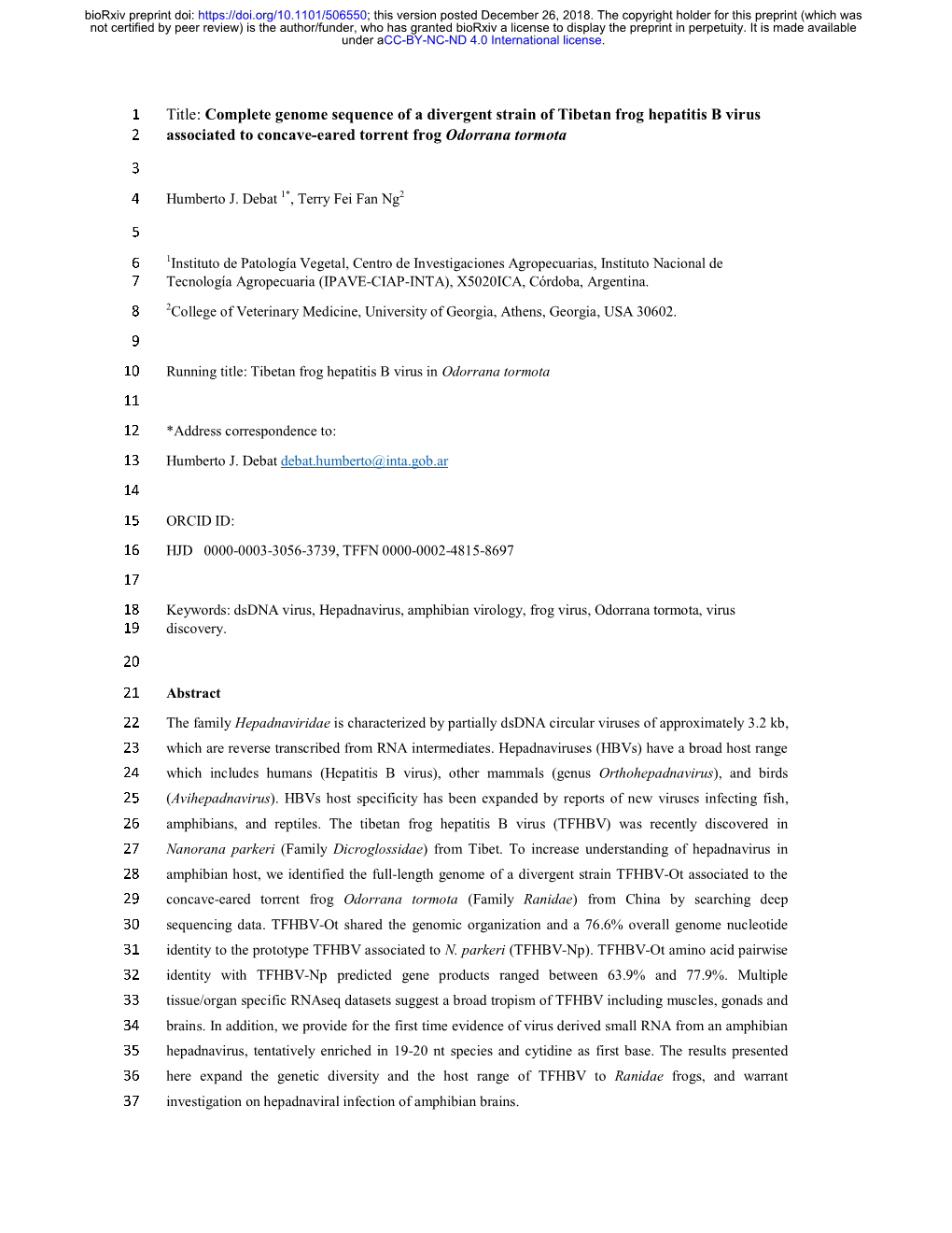 Complete Genome Sequence of a Divergent Strain of Tibetan Frog Hepatitis B Virus Associated to Concave-Eared Torrent Frog