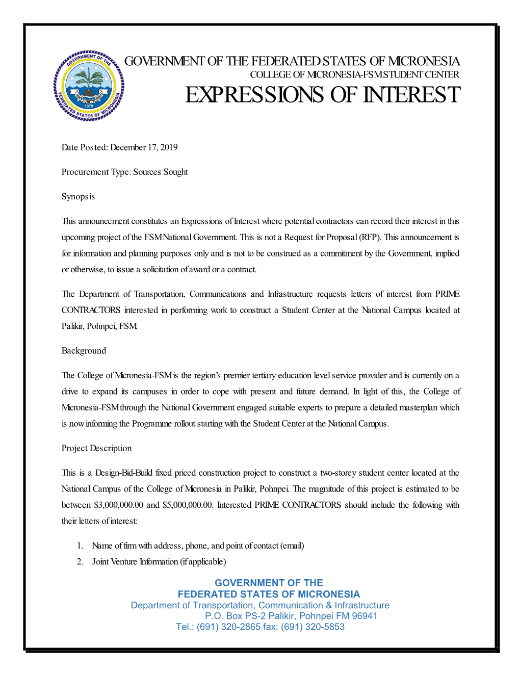 College of Micronesia-Fsm Student Center Expressions of Interest