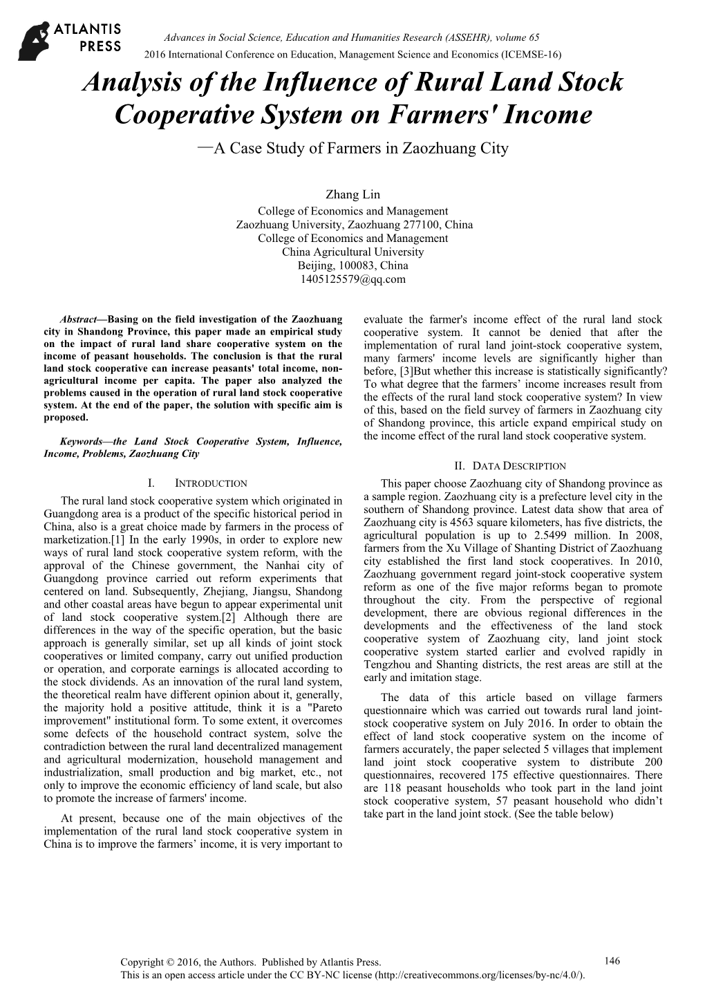 Analysis of the Influence of Rural Land Stock Cooperative System on Farmers' Income —A Case Study of Farmers in Zaozhuang City