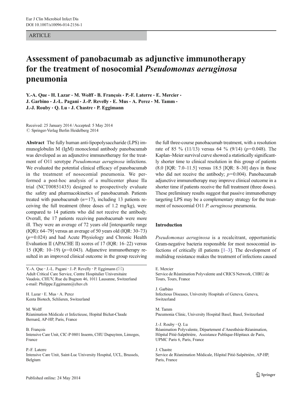 Assessment of Panobacumab As Adjunctive Immunotherapy for the Treatment of Nosocomial Pseudomonas Aeruginosa Pneumonia