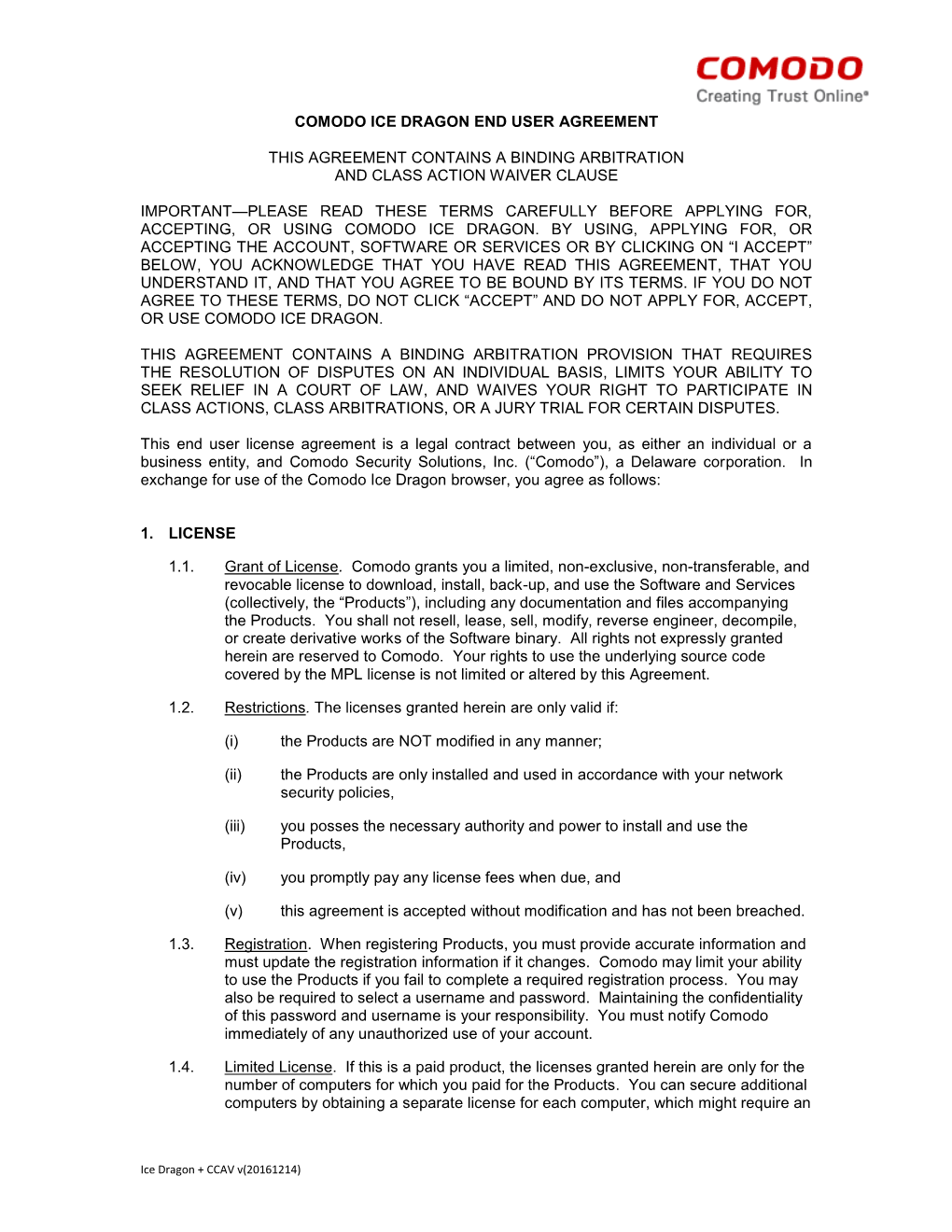 Comodo Ice Dragon End User Agreement