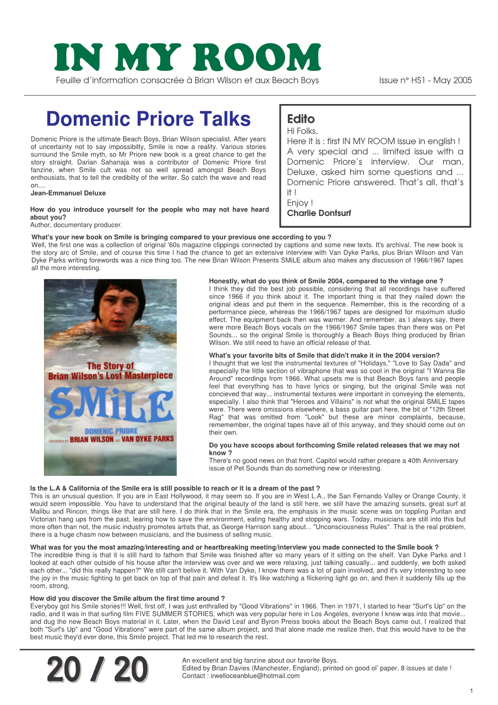 IN MY ROOM Feuille D’Information Consacrée À Brian Wilson Et Aux Beach Boys Issue N° HS1 - May 2005