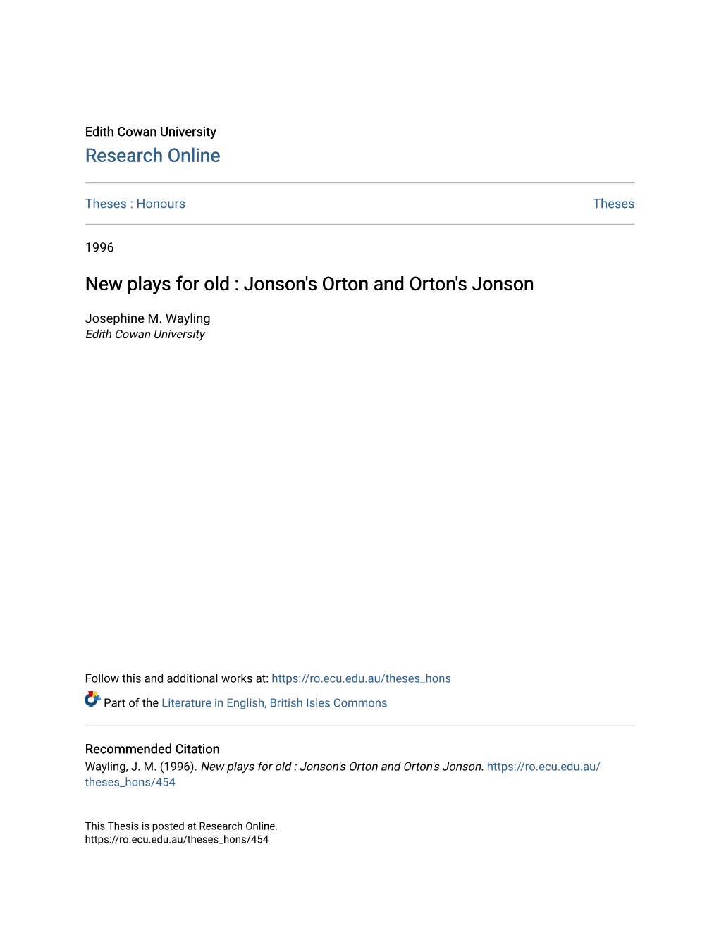 New Plays for Old : Jonson's Orton and Orton's Jonson