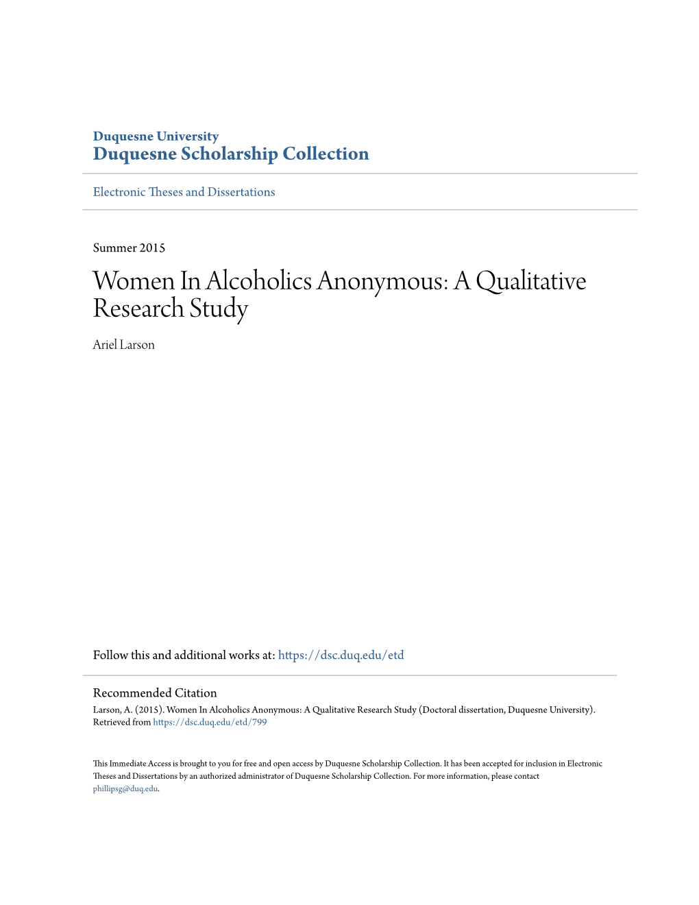 Women in Alcoholics Anonymous: a Qualitative Research Study Ariel Larson