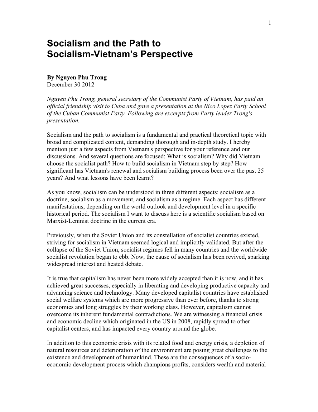 Socialism and the Path to Socialism-Vietnam's Perspective