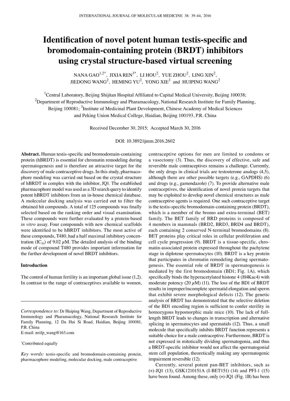(BRDT) Inhibitors Using Crystal Structure-Based Virtual Screening