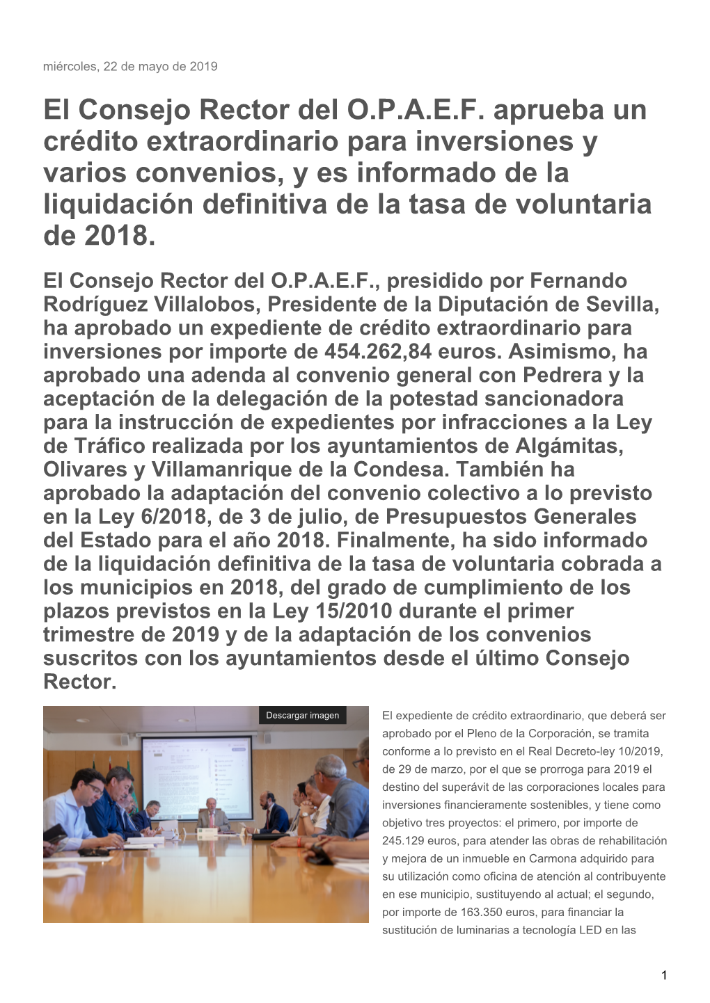 El Consejo Rector Del O.P.A.E.F. Aprueba Un Crédito Extraordinario