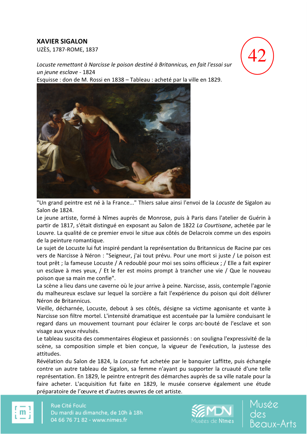 XAVIER SIGALON UZÈS, 1787-ROME, 1837 42 Locuste Remettant À Narcisse Le Poison Destiné À Britannicus, En Fait L'essai Sur Un Jeune Esclave - 1824 Esquisse : Don De M