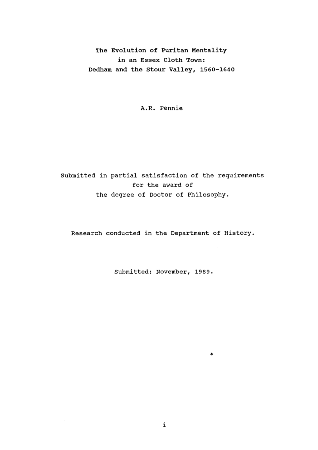 The Evolution of Puritan Mentality in an Essex Cloth Town: Dedham and the Stour Valley, 1560-1640