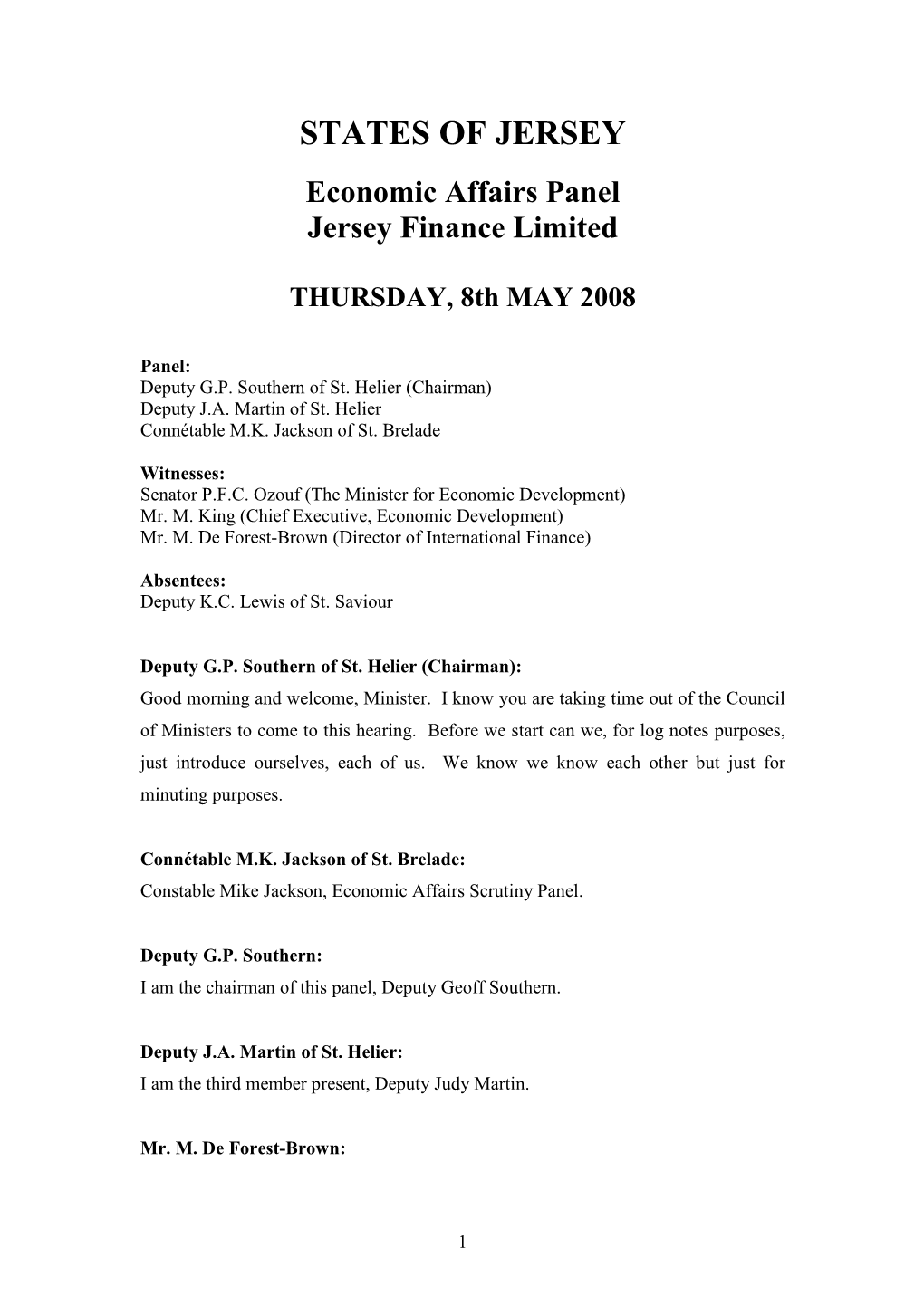 Economic Affairs Panel Jersey Finance Limited