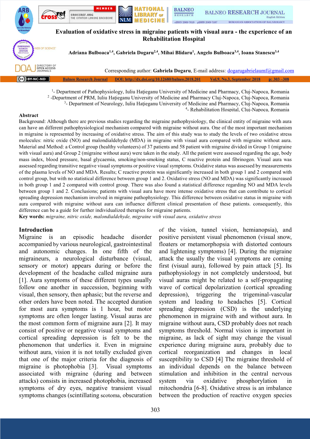 Evaluation of Oxidative Stress in Migraine Patients with Visual Aura - the Experience of an Rehabilitation Hospital