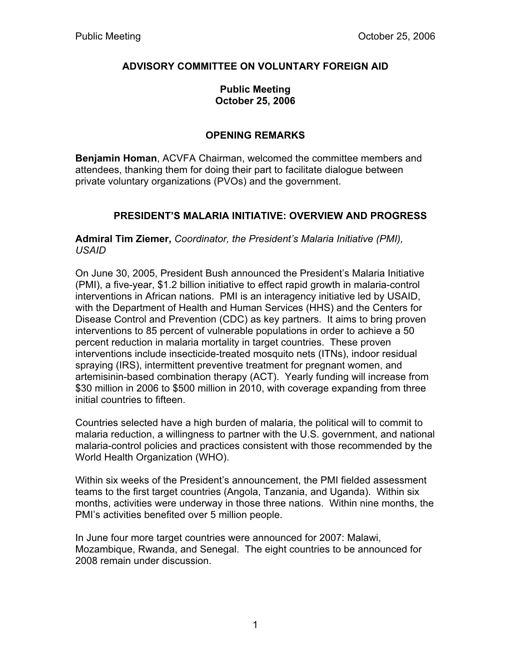 USAID ACVFA: October 25, 2006 Summary Meeting Report