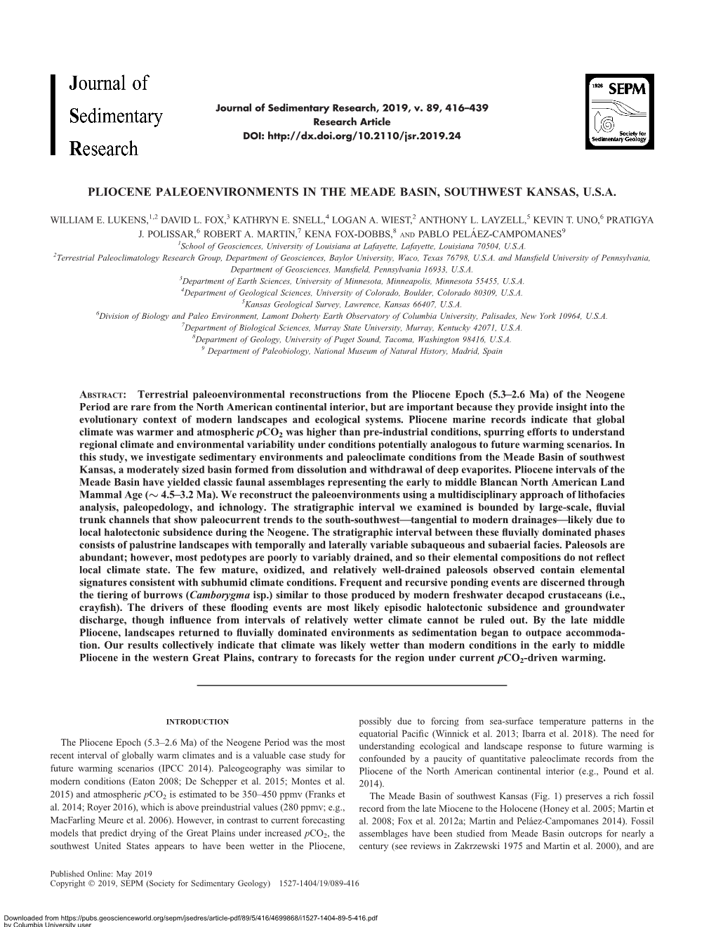 Pliocene Paleoenvironments in the Meade Basin, Southwest Kansas, U.S.A