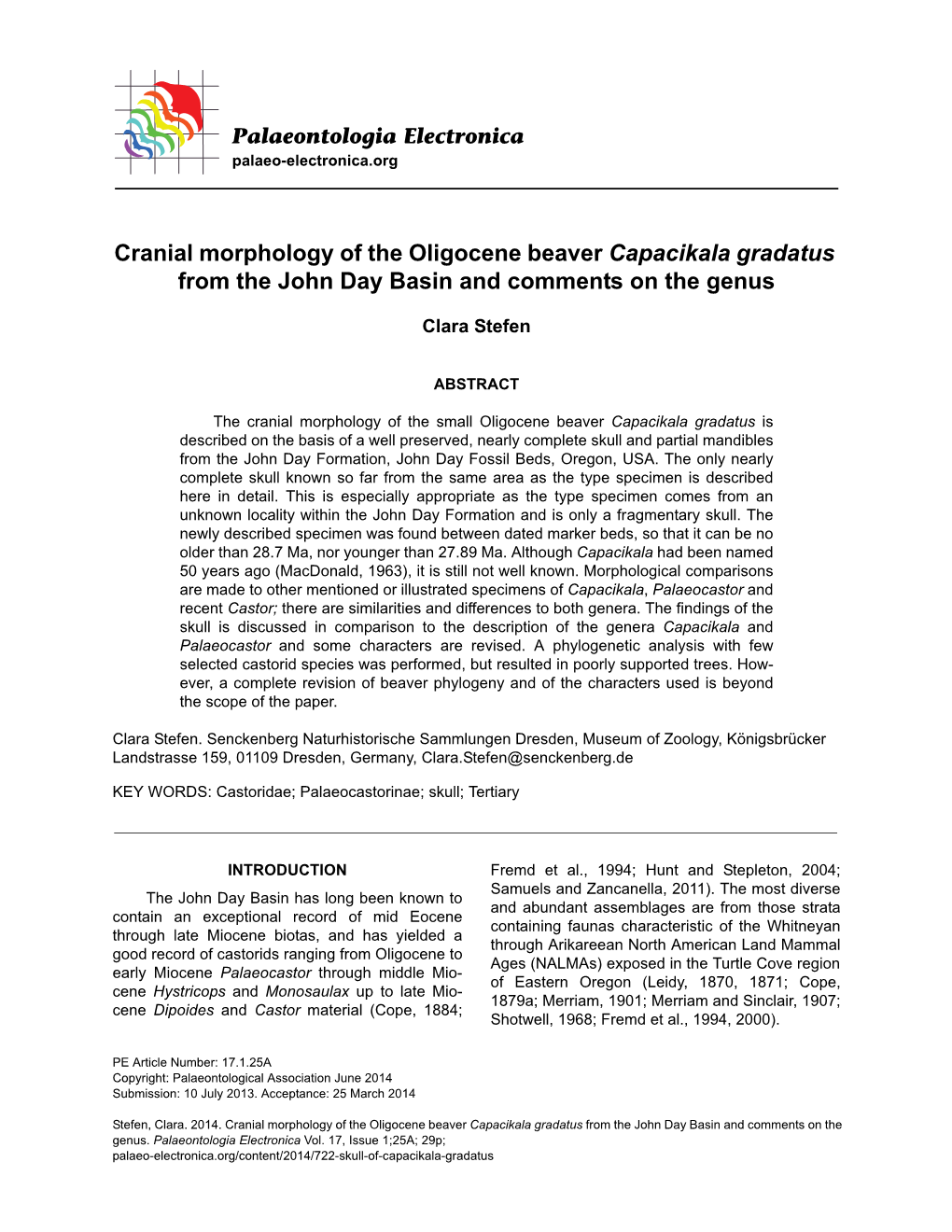 Cranial Morphology of the Oligocene Beaver Capacikala Gradatus from the John Day Basin and Comments on the Genus