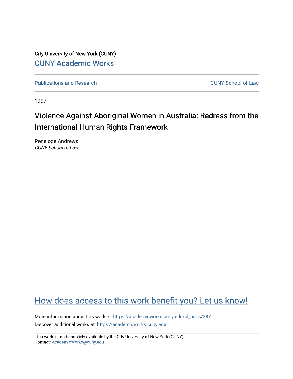Violence Against Aboriginal Women in Australia: Redress from the International Human Rights Framework