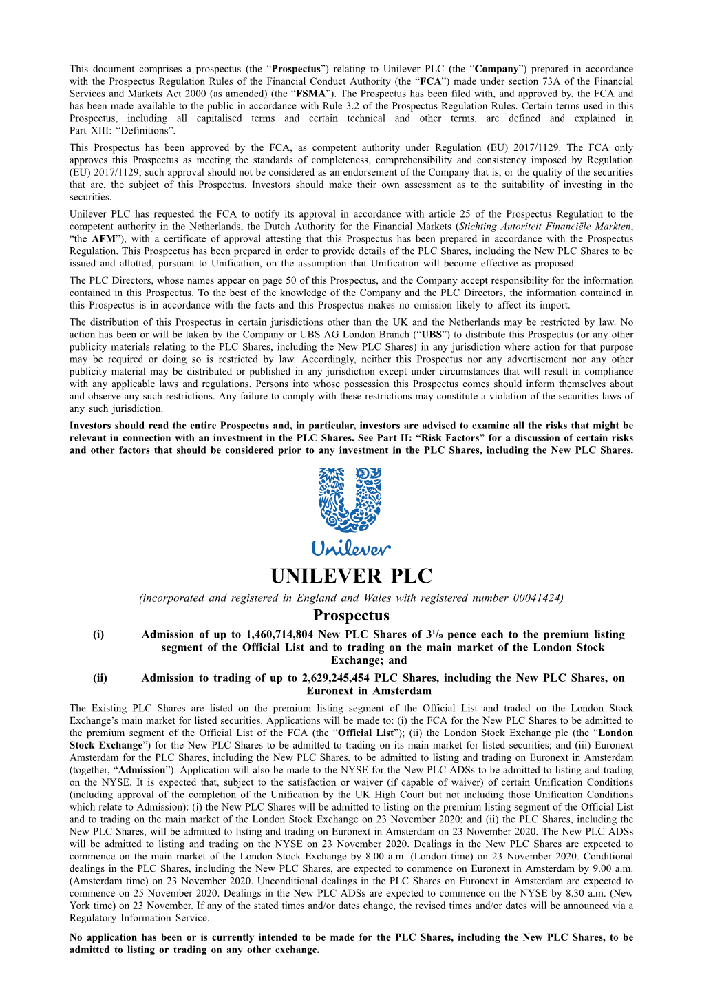 Unilever PLC Prospectus