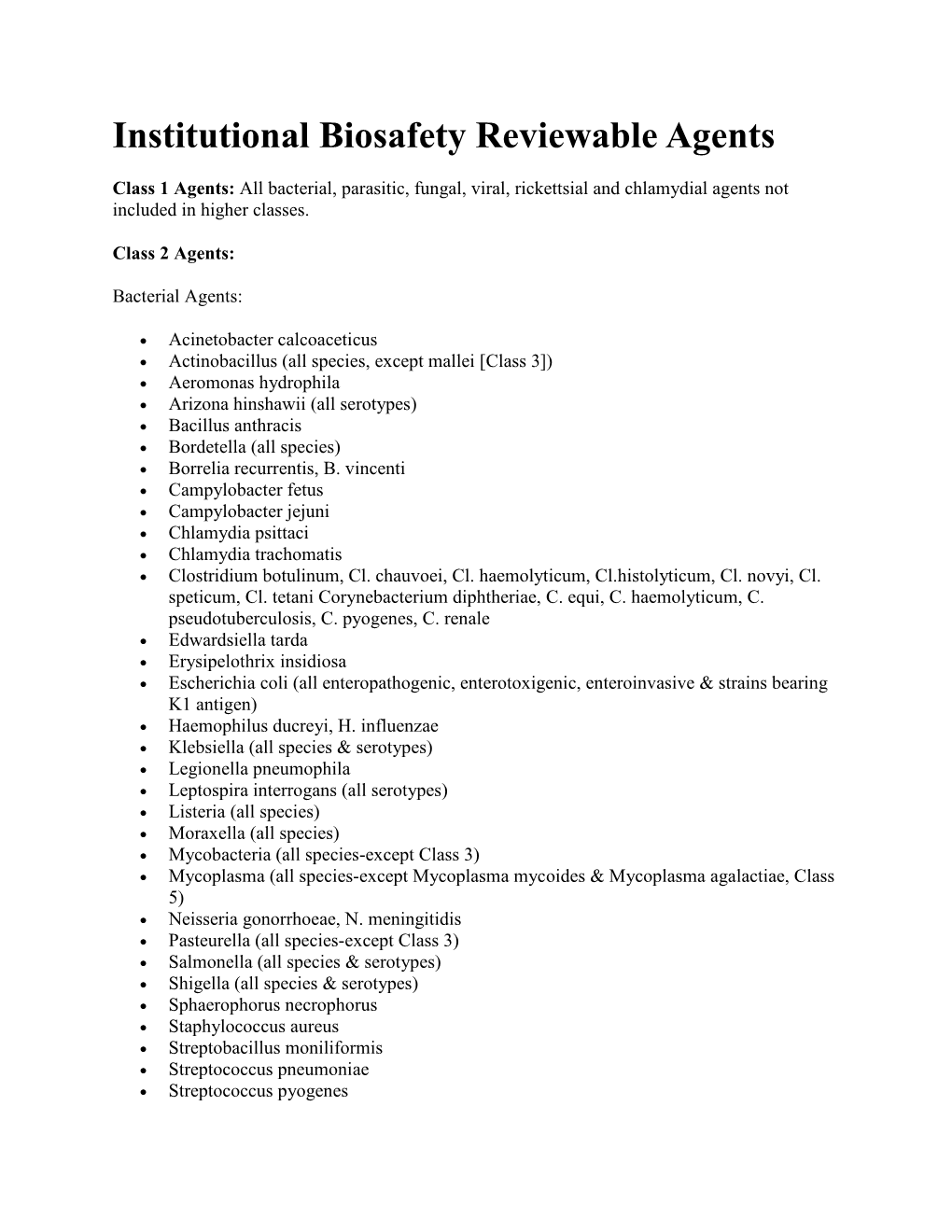 Institutional Biosafety Reviewable Agents