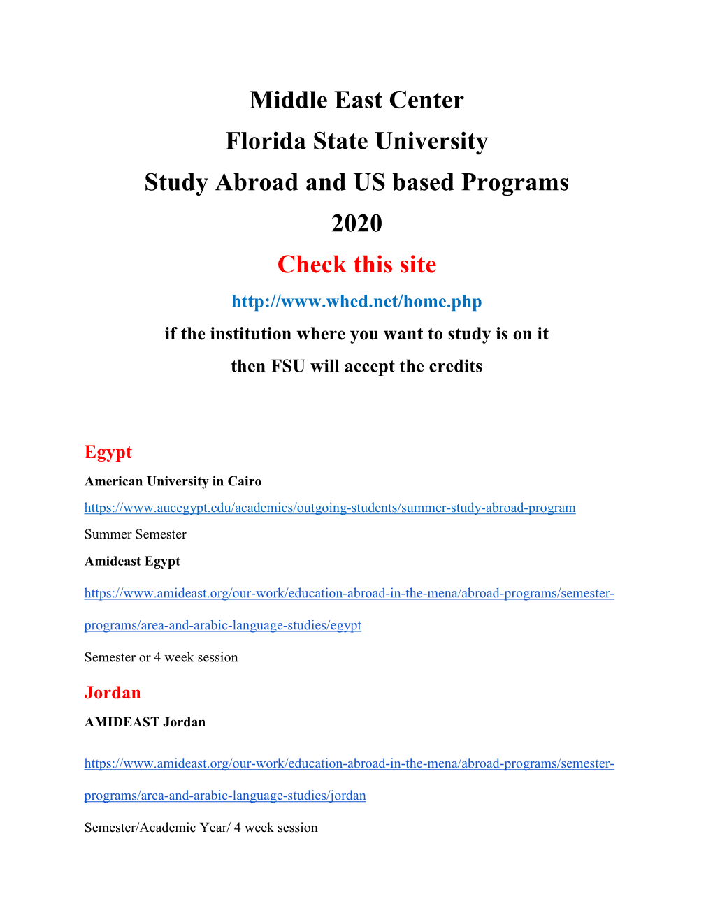 Middle East Center Florida State University Study Abroad and US Based Programs 2020