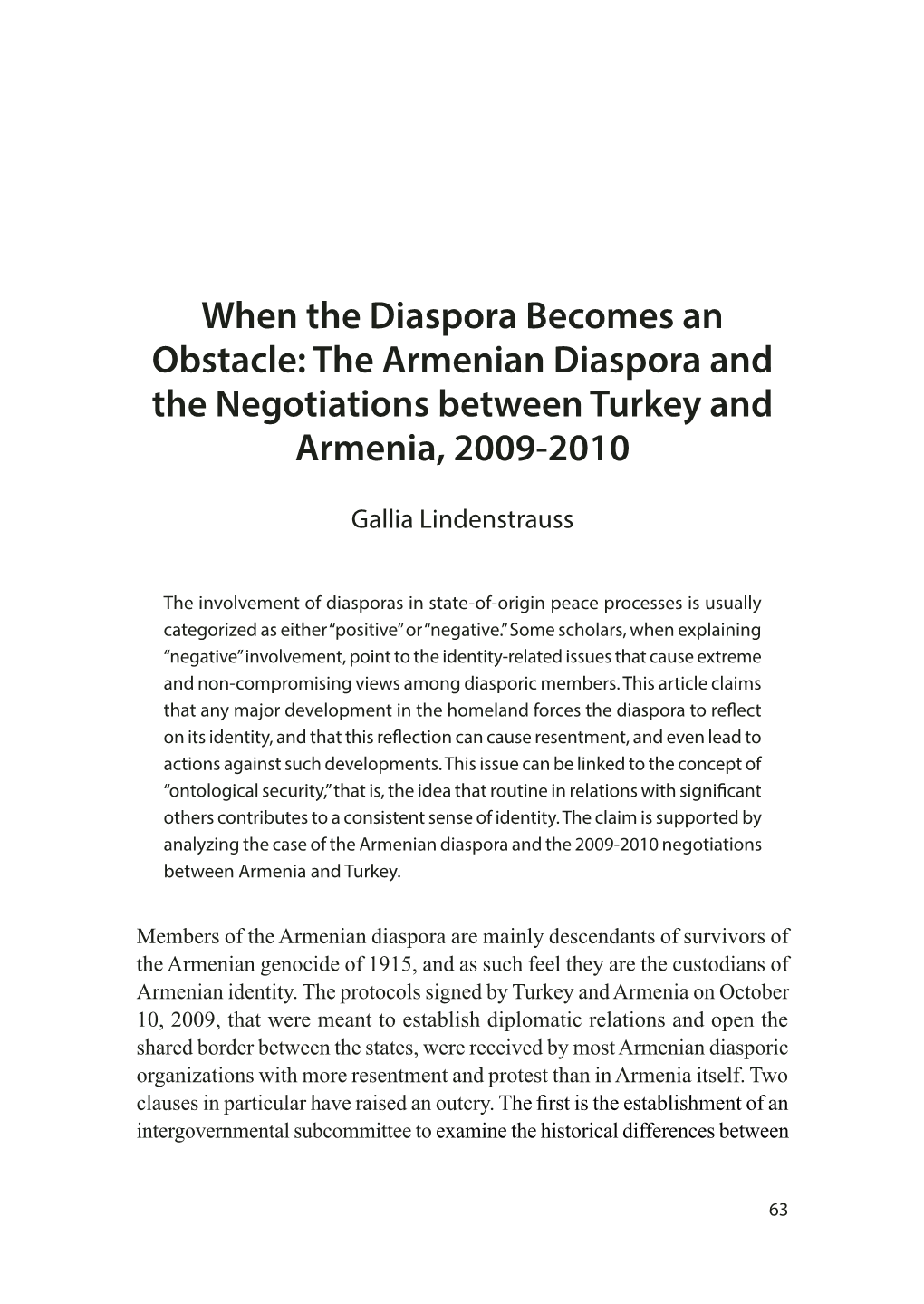 The Armenian Diaspora and the Negotiations Between Turkey and Armenia, 2009-2010