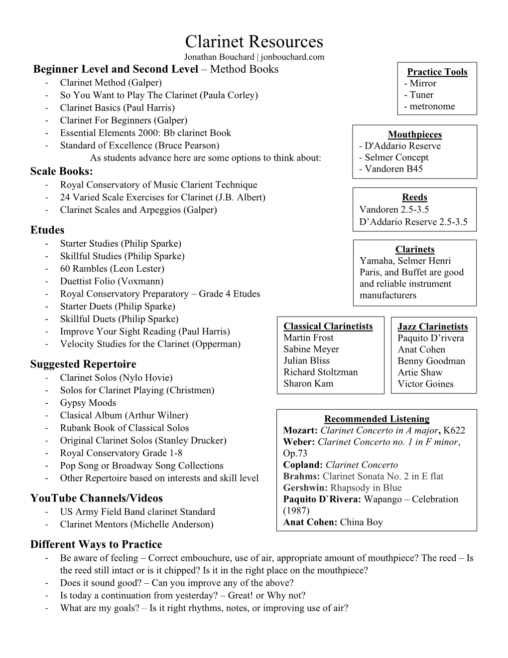 Clarinet Lesson/Clinic Sheet