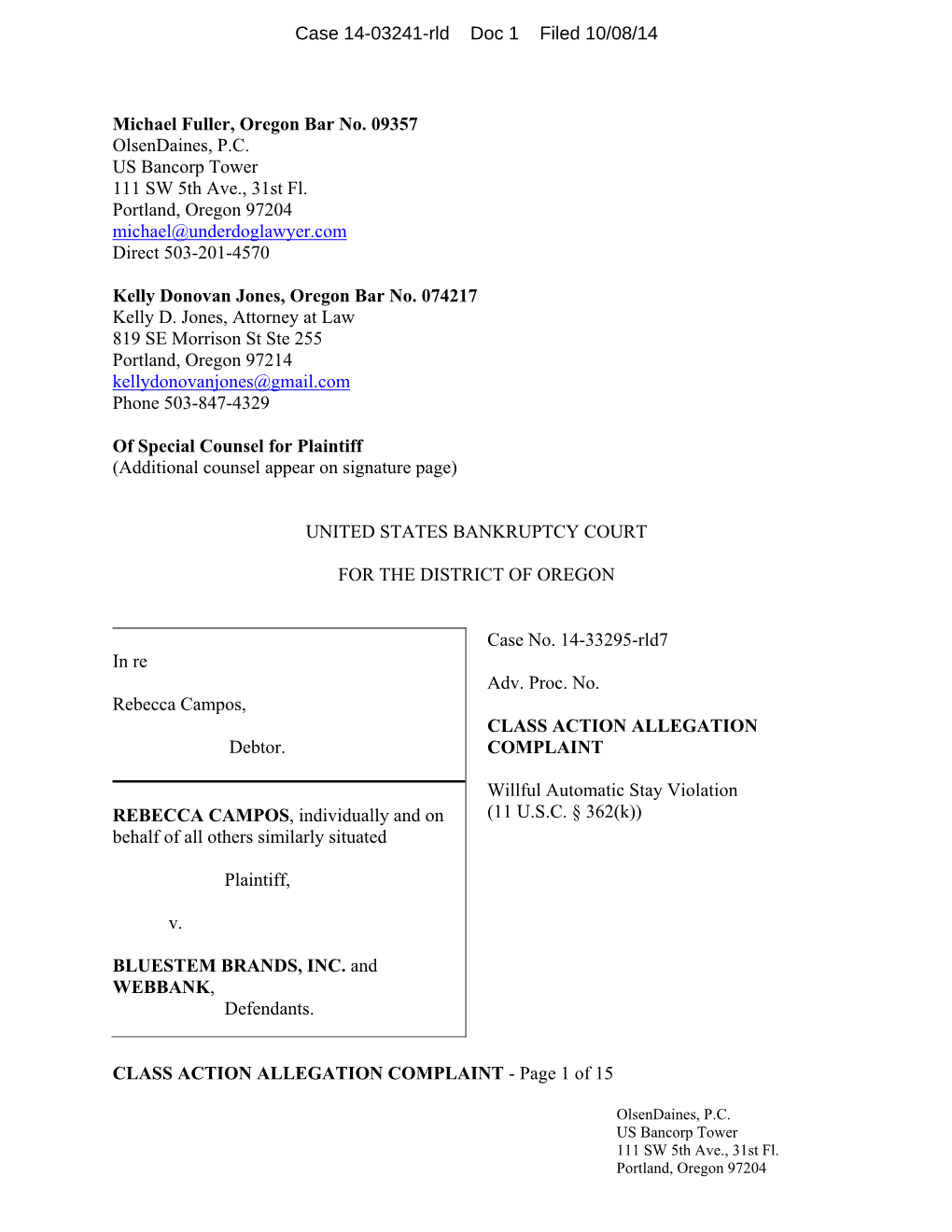 CLASS ACTION ALLEGATION COMPLAINT - Page 1 of 15