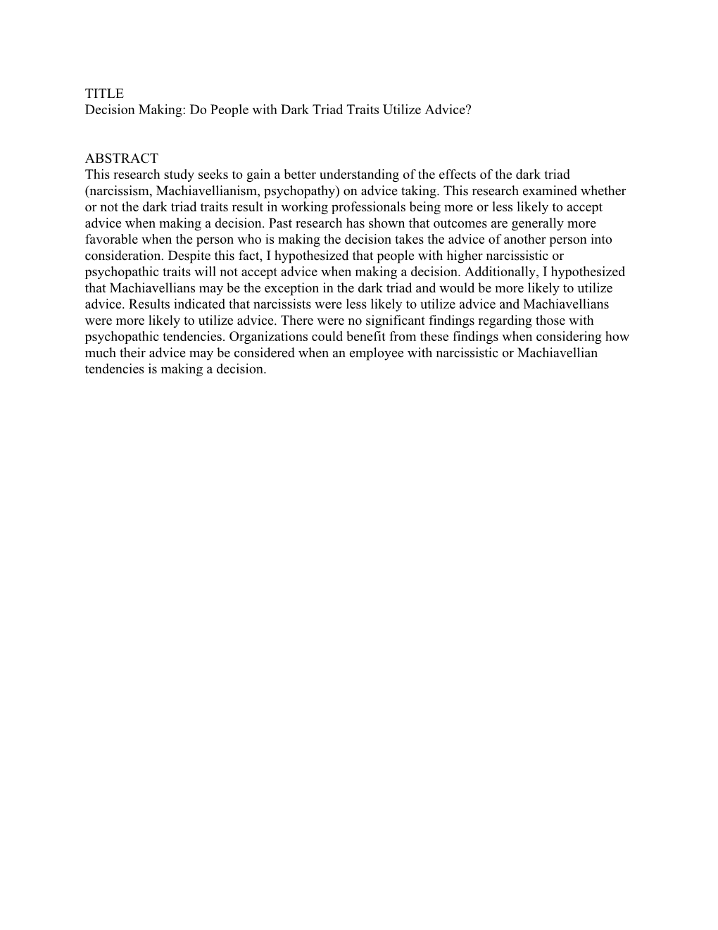 Decision Making: Do People with Dark Triad Traits Utilize Advice?