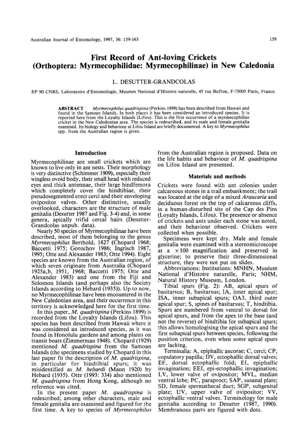 First Record of Ant-Loving Crickets (Orthoptera: Myrmecophilidae: Myrmecophilinae) in New Caledonia