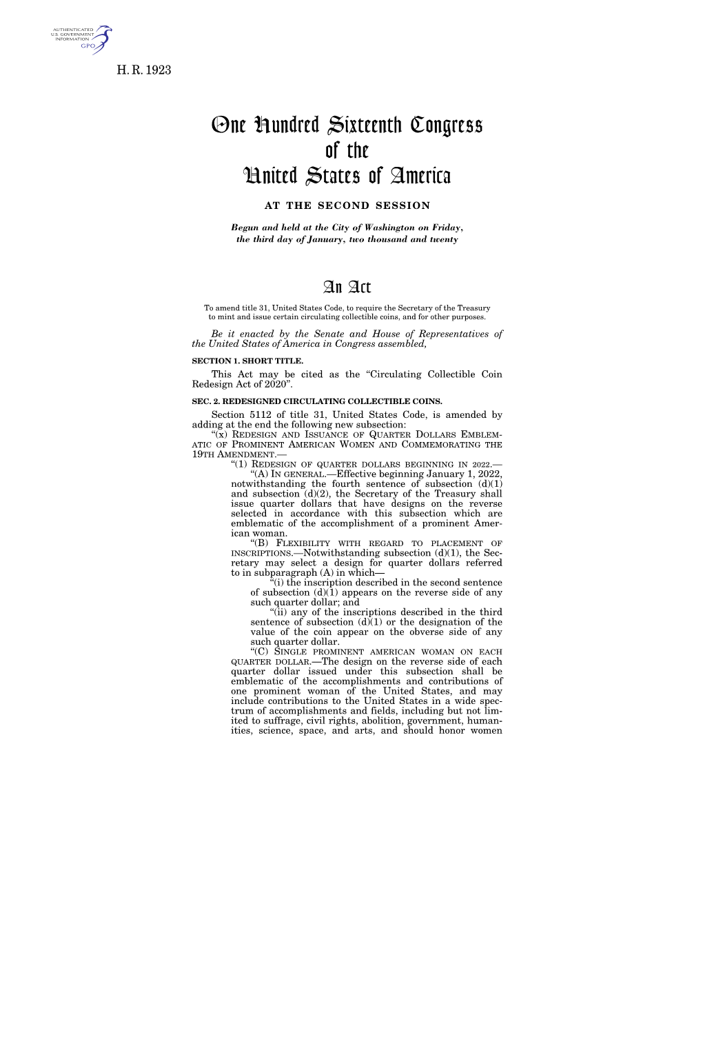 One Hundred Sixteenth Congress of the United States of America